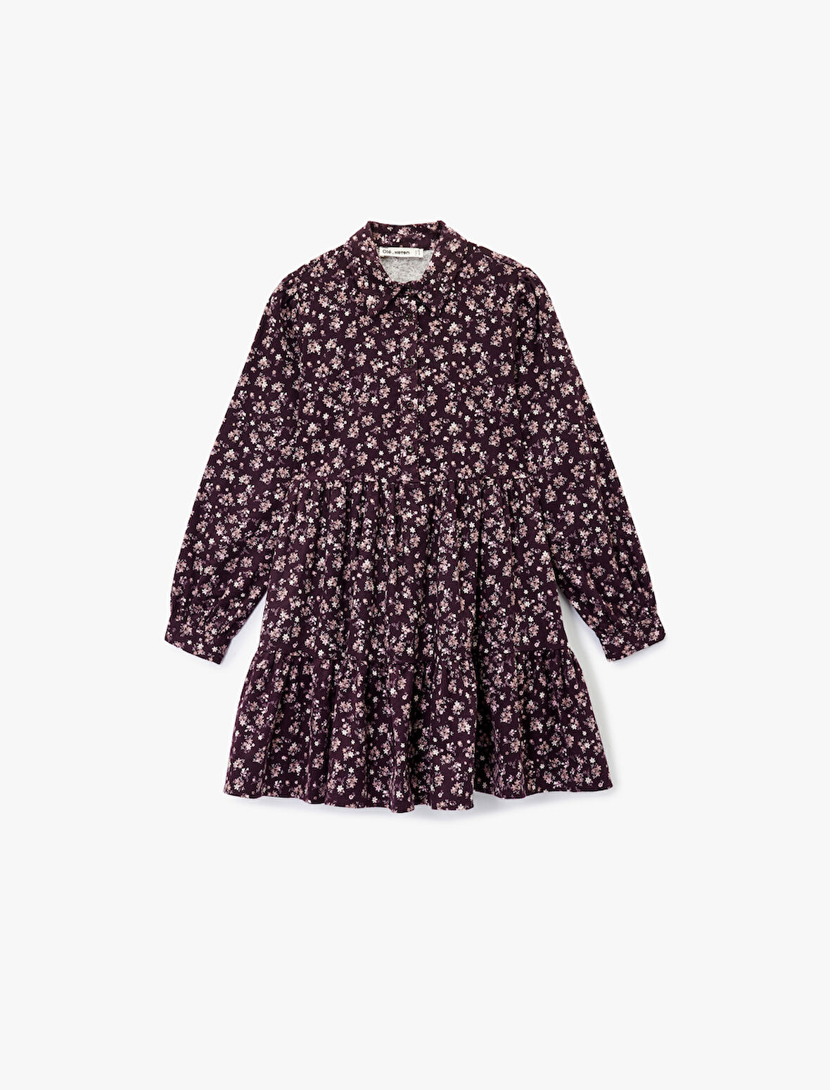 Rahat Kalıp Uzun Kollu Gömlek Yaka Mini Çiçekli Pazen Elbise