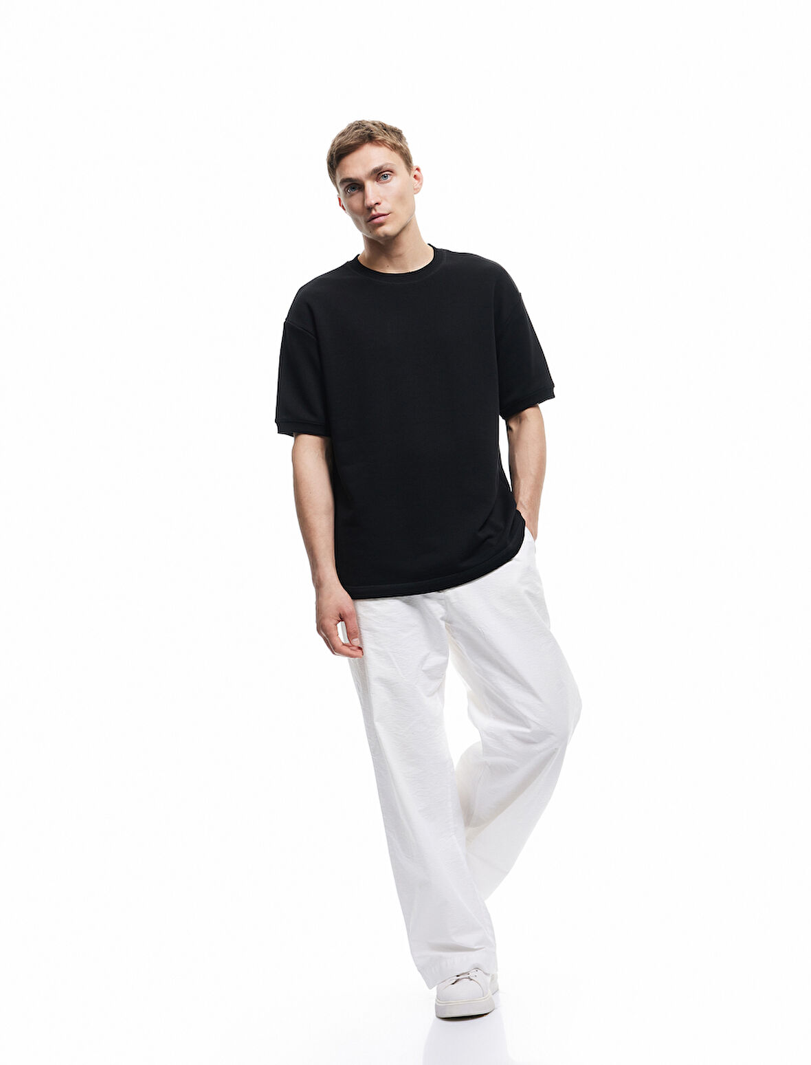 Kısa Kollu Bisiklet Yaka Şardonlu Basic Oversize Tişört