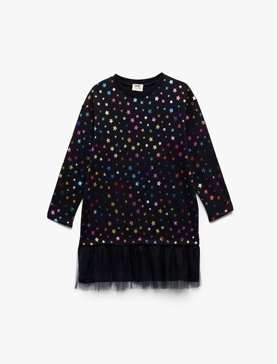 Rahat Kesim Uzun Kollu Bisiklet Yaka Tül Detaylı Şardonlu Pamuklu Yıldız Baskılı Sweat Elbise