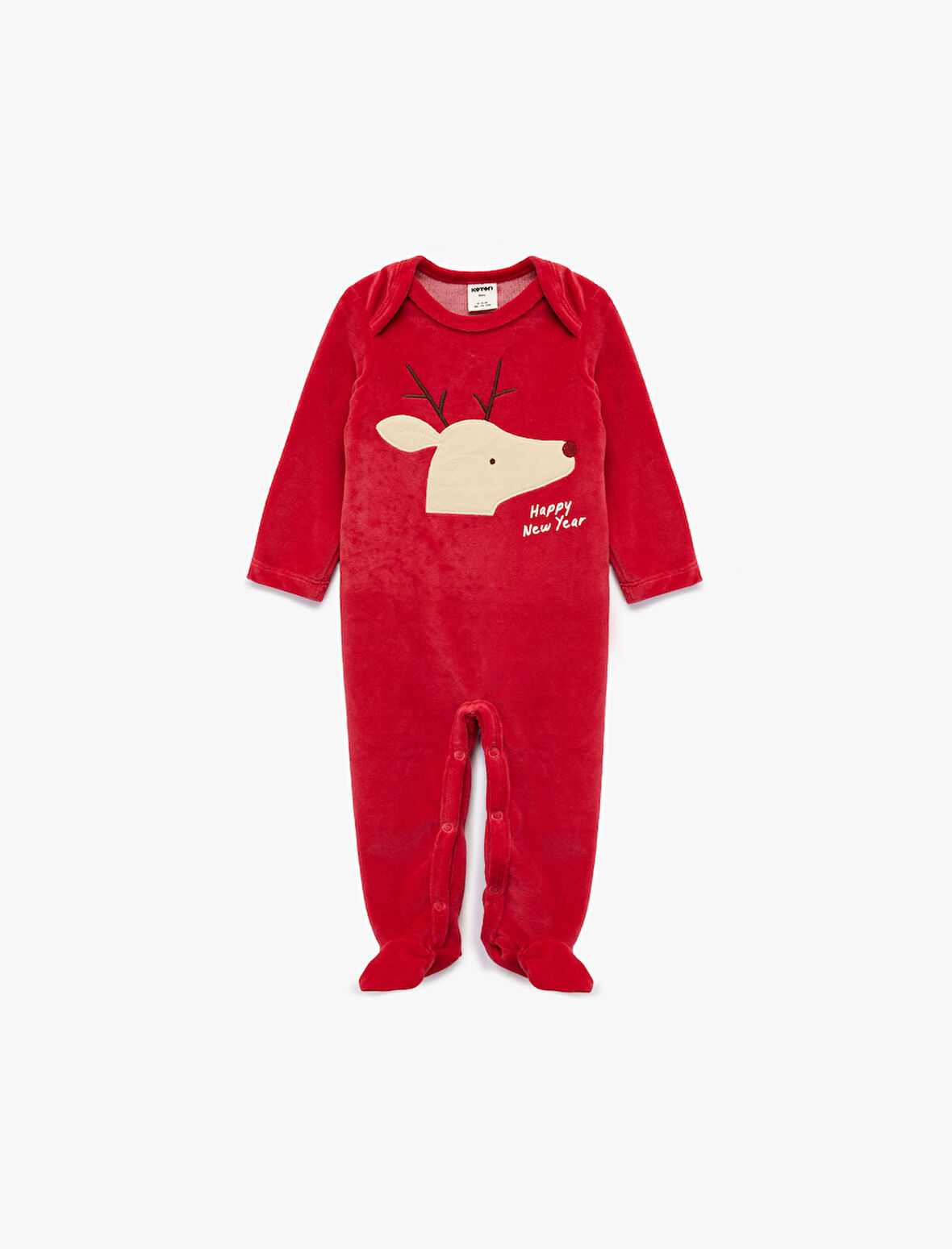 Geyik Nakışlı Uzun Kollu Bisiklet Yaka Pamuklu Kadife Tulum