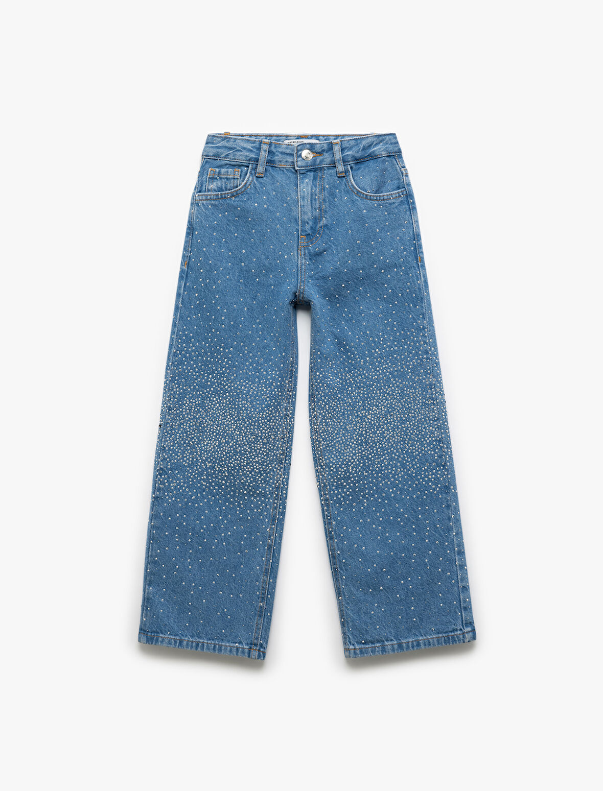 Pamuklu Cepli Taş Detaylı Geniş Paça Denim Pantolon