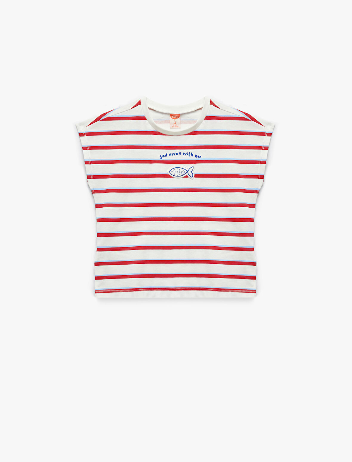 Bisiklet Yaka Kolsuz Balık İşlemeli Pamuklu ÇizgiliTişört