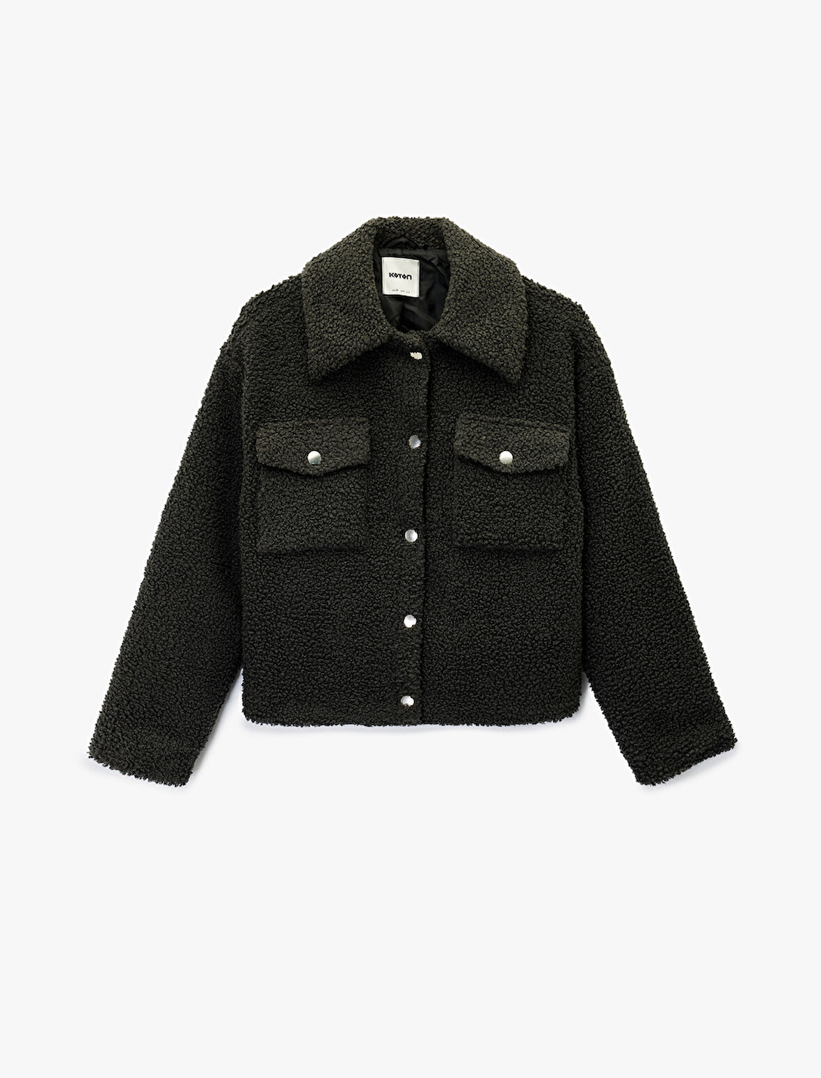 Düğmeli Uzun Kollu Kapaklı Cep Detaylı Peluş Ceket