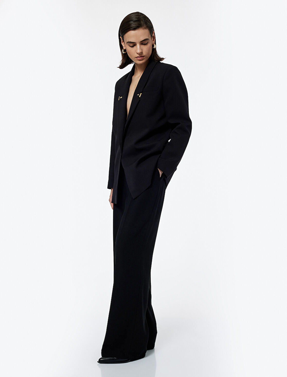 Pile Detaylı Cepli Geniş Paça Uzun Palazzo Pantolon