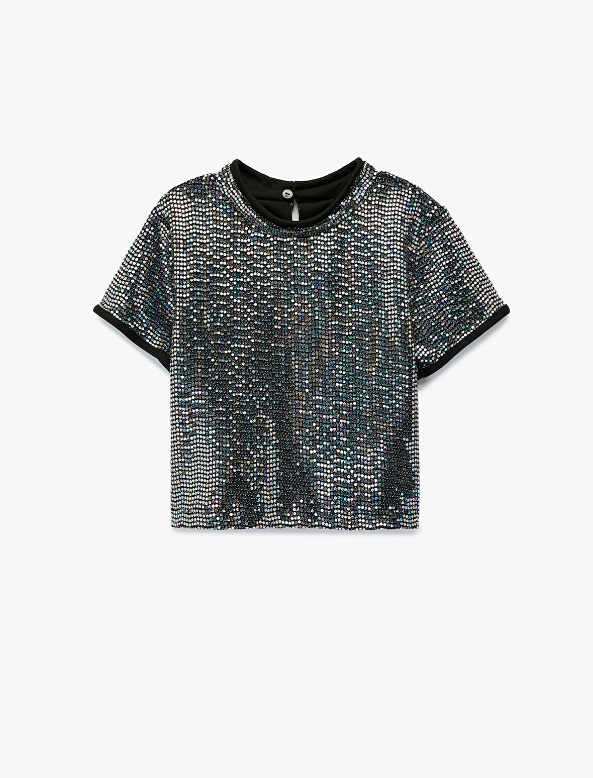 Kısa Kollu Bisiklet Yaka Pullu Payetli Bluz