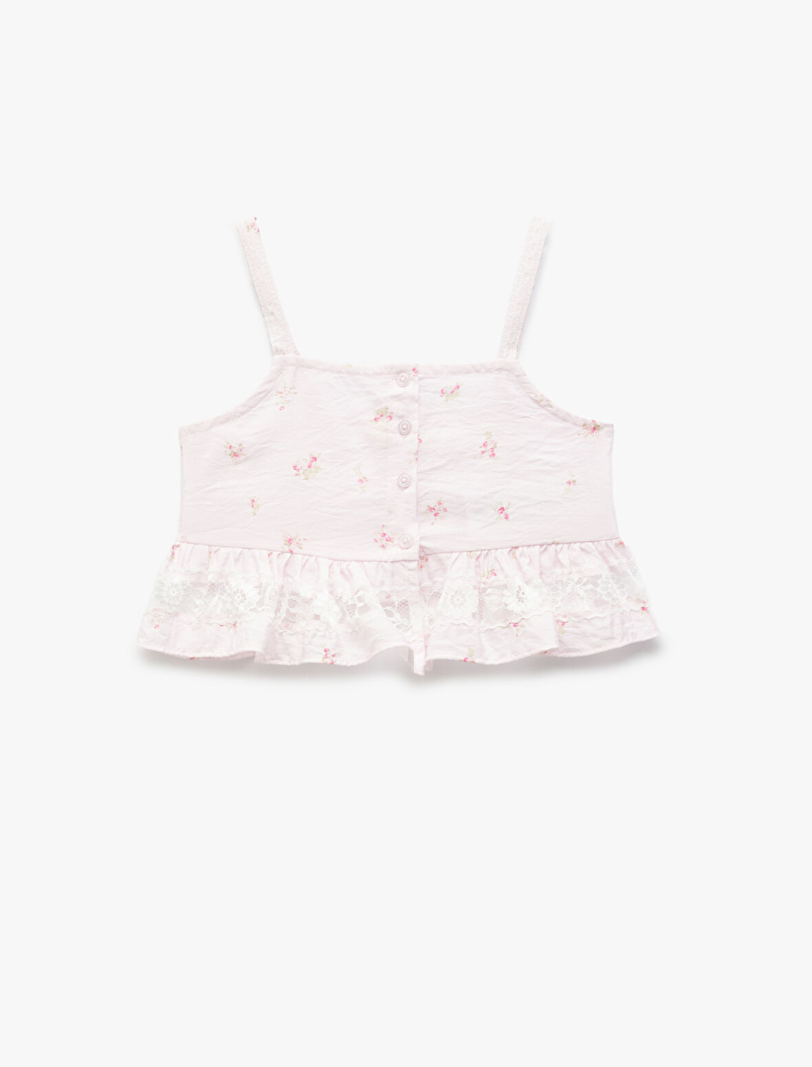 İnce Askılı Çiçek Desenli Fırfır Detaylı Viskon Crop Bluz