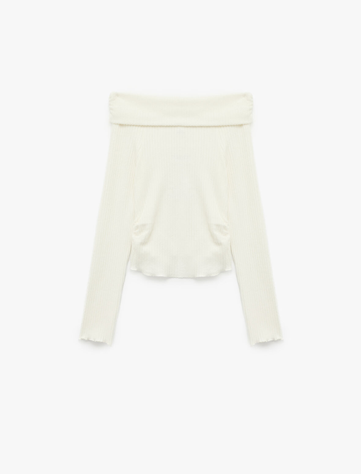 Viskon Karışımlı Kaşkorse Omzu Açık Slim Fit Uzun Kollu Tişört