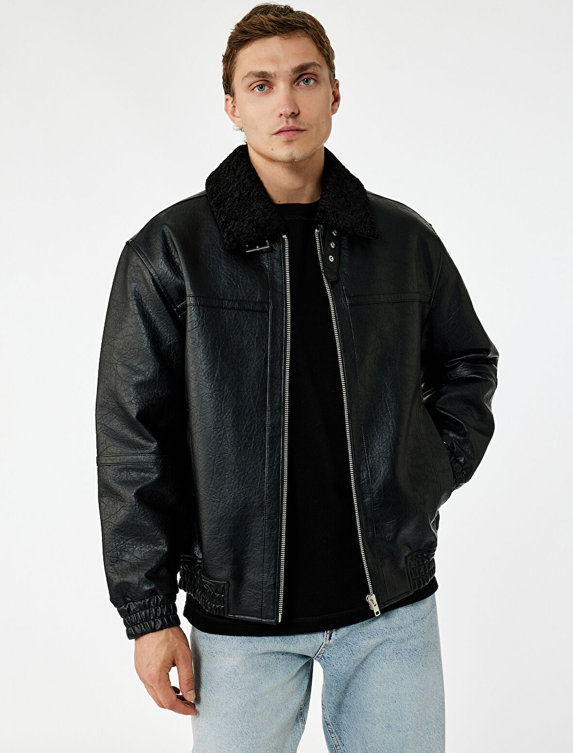 Peluş Yaka Cep Detaylı Uzun Kollu Fermuarlı Suni Deri Ceket