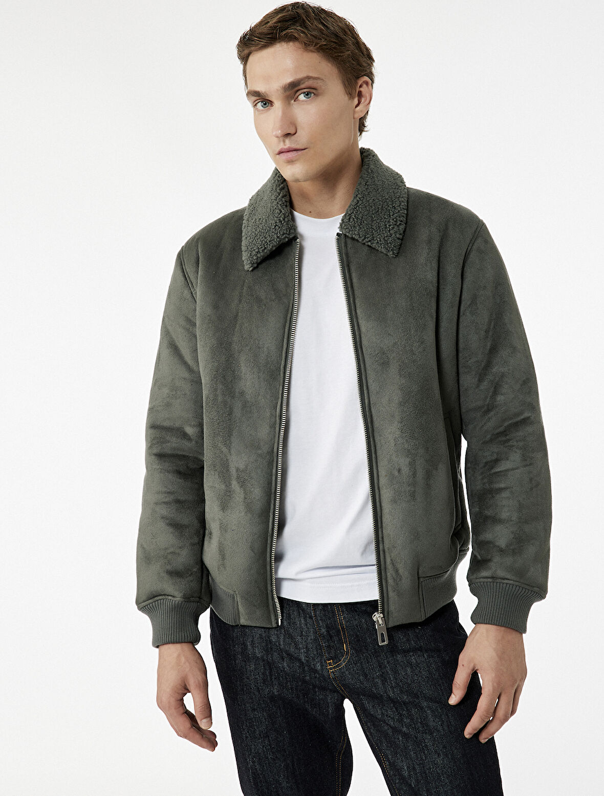 Peluş Yaka Fermuarlı Slim Fit Uzun Kollu Kışlık Suni Süet Ceket