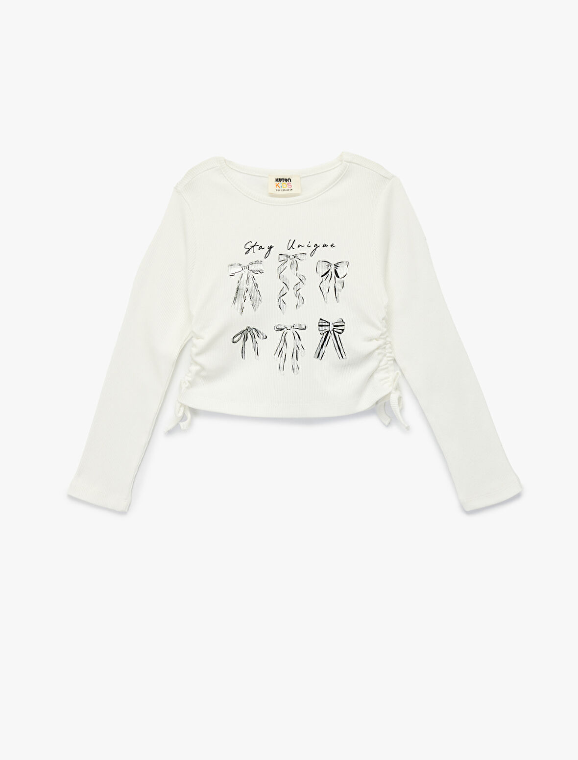 Uzun Kollu Bisiklet Yaka Fiyonk Baskılı Kaşkorse Pamuklu Tişört