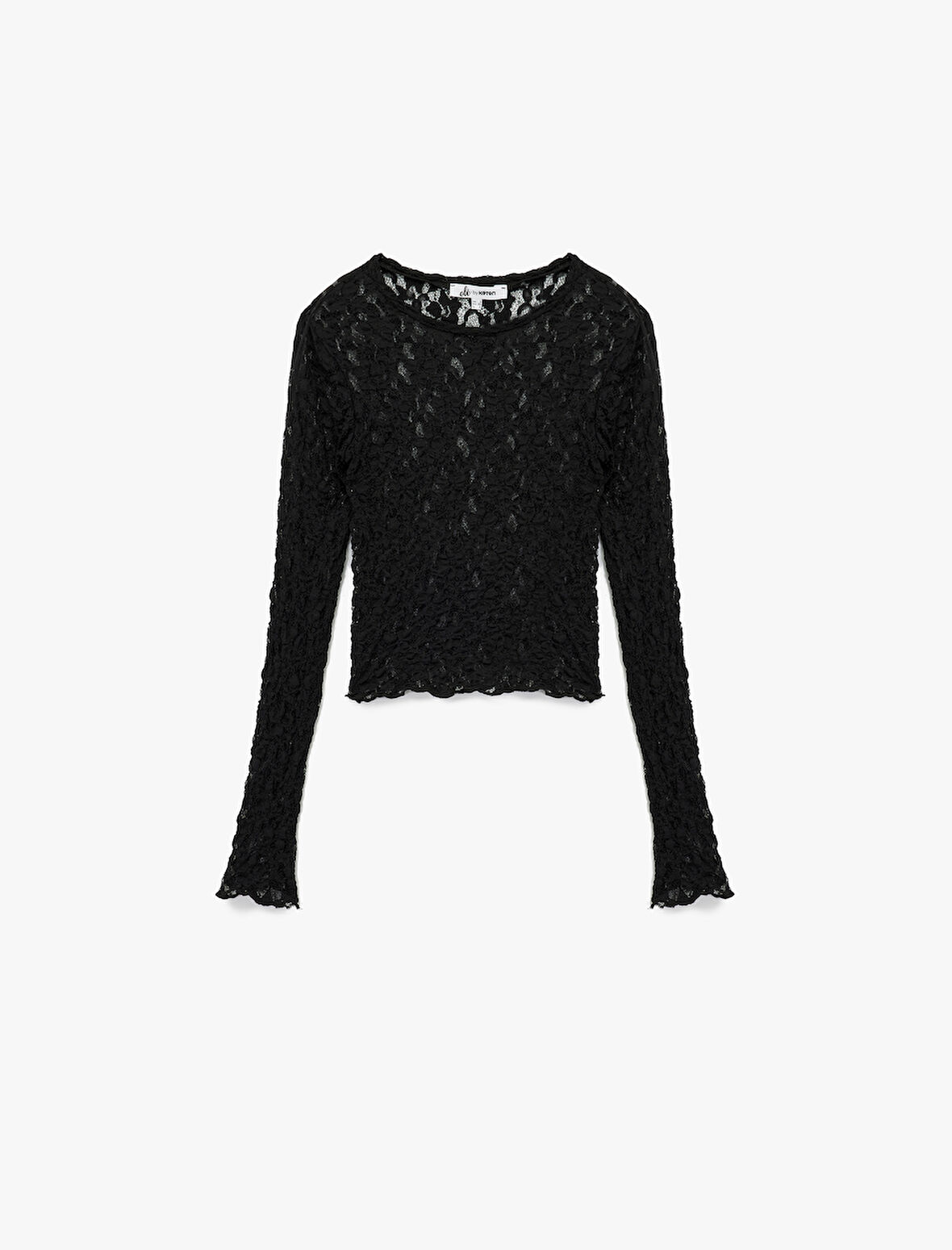 Slim Fit Uzun Kollu Bisiklet Yaka Dantel Bluz