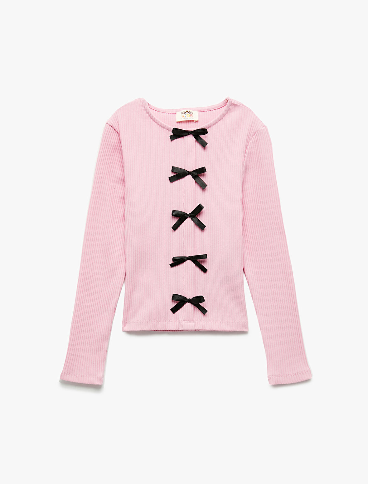 Ribanalı Uzun Kollu Bisiklet Yaka Fiyonklu Pamuklu Tişört