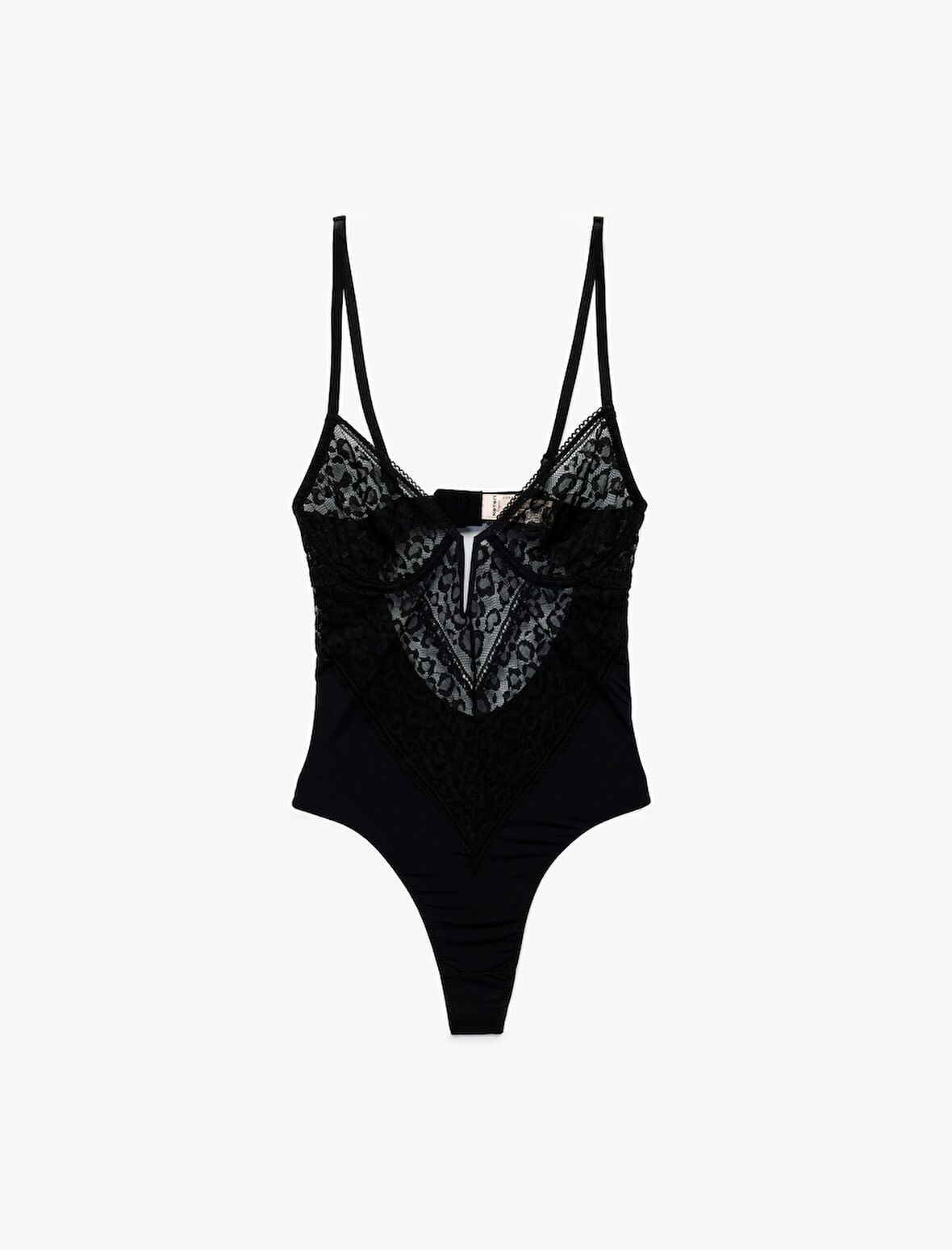 V Yaka İnce Askılı Transparan Dantelli Bodysuit