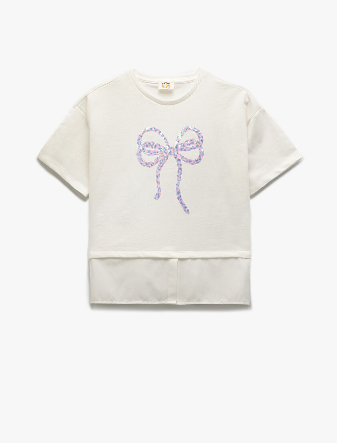 Pullu Payetli Kurdele Detaylı Bisiklet Yaka Kısa Kollu Tişört