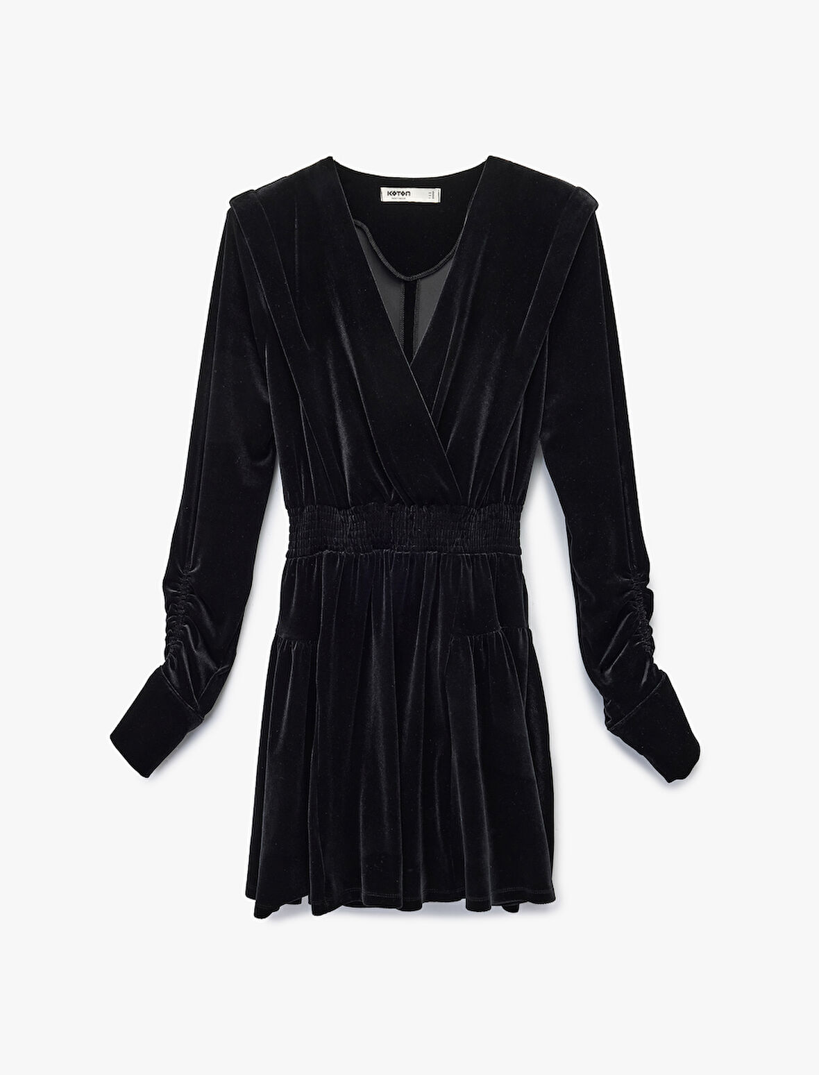 Kruvaze Yaka Uzun Kollu Büzgü Detaylı Kadife Mini Abiye Elbise