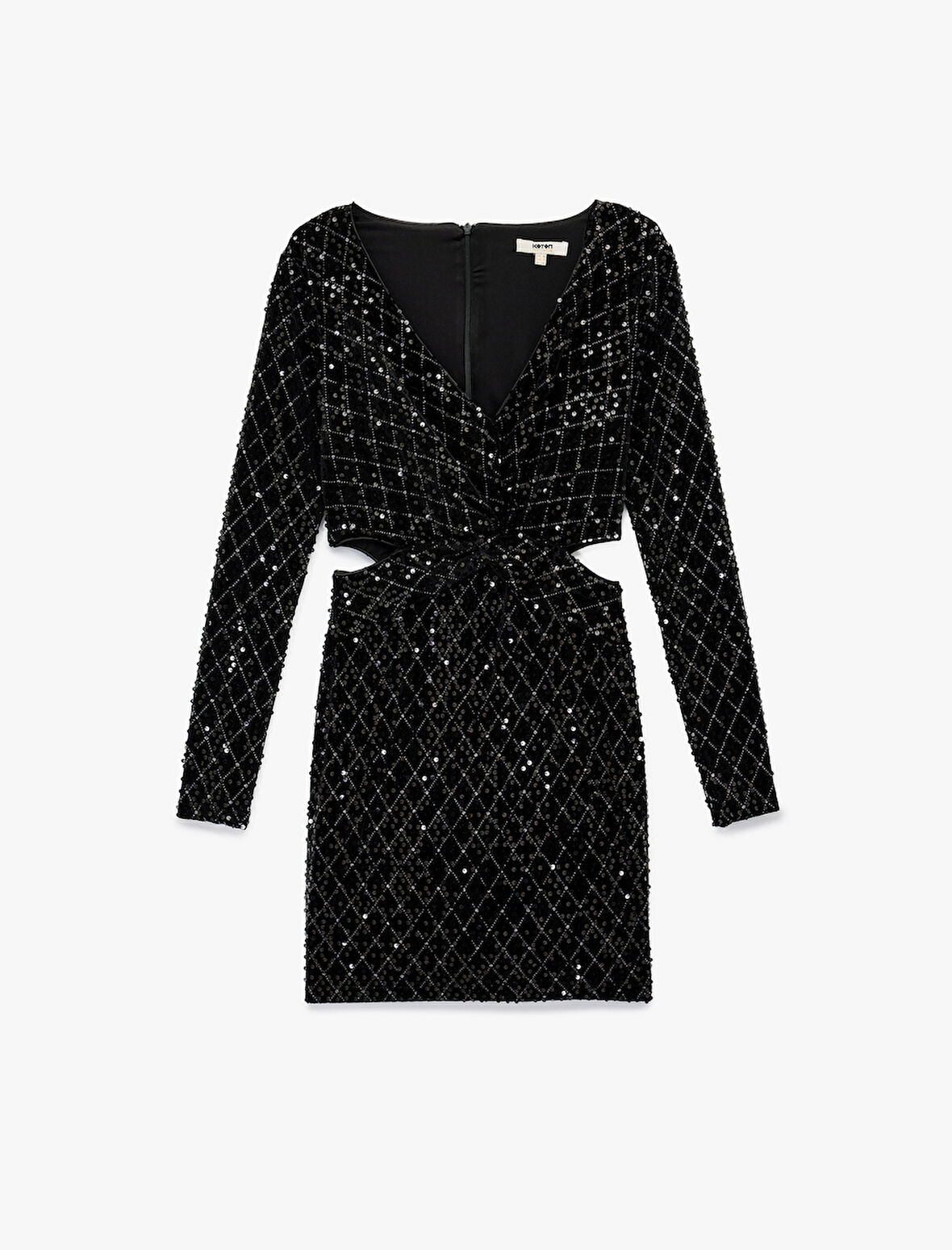 Payetli Pencere Detaylı Uzun Kollu V Yaka Mini Bodycon Abiye Elbise