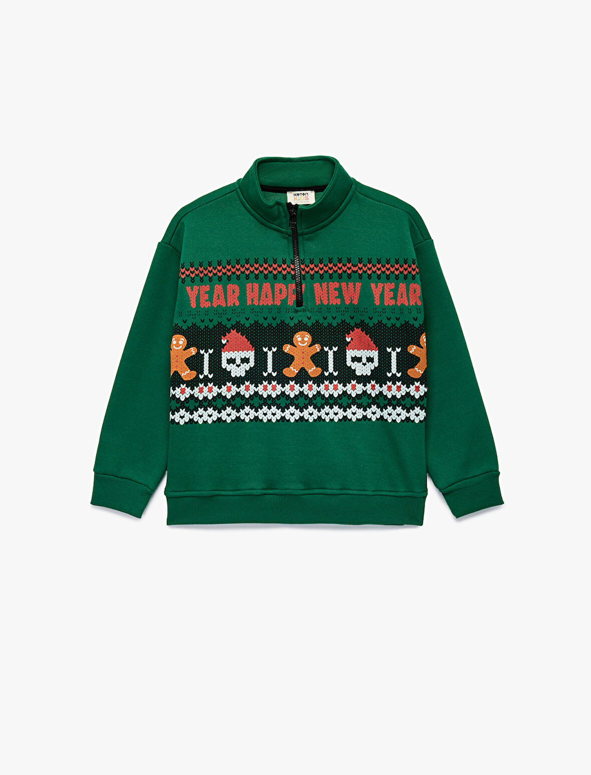 Şardonlu Uzun Kollu Yılbaşı Temalı Yarım Fermuarlı Dik Yaka Baskılı Sweatshirt