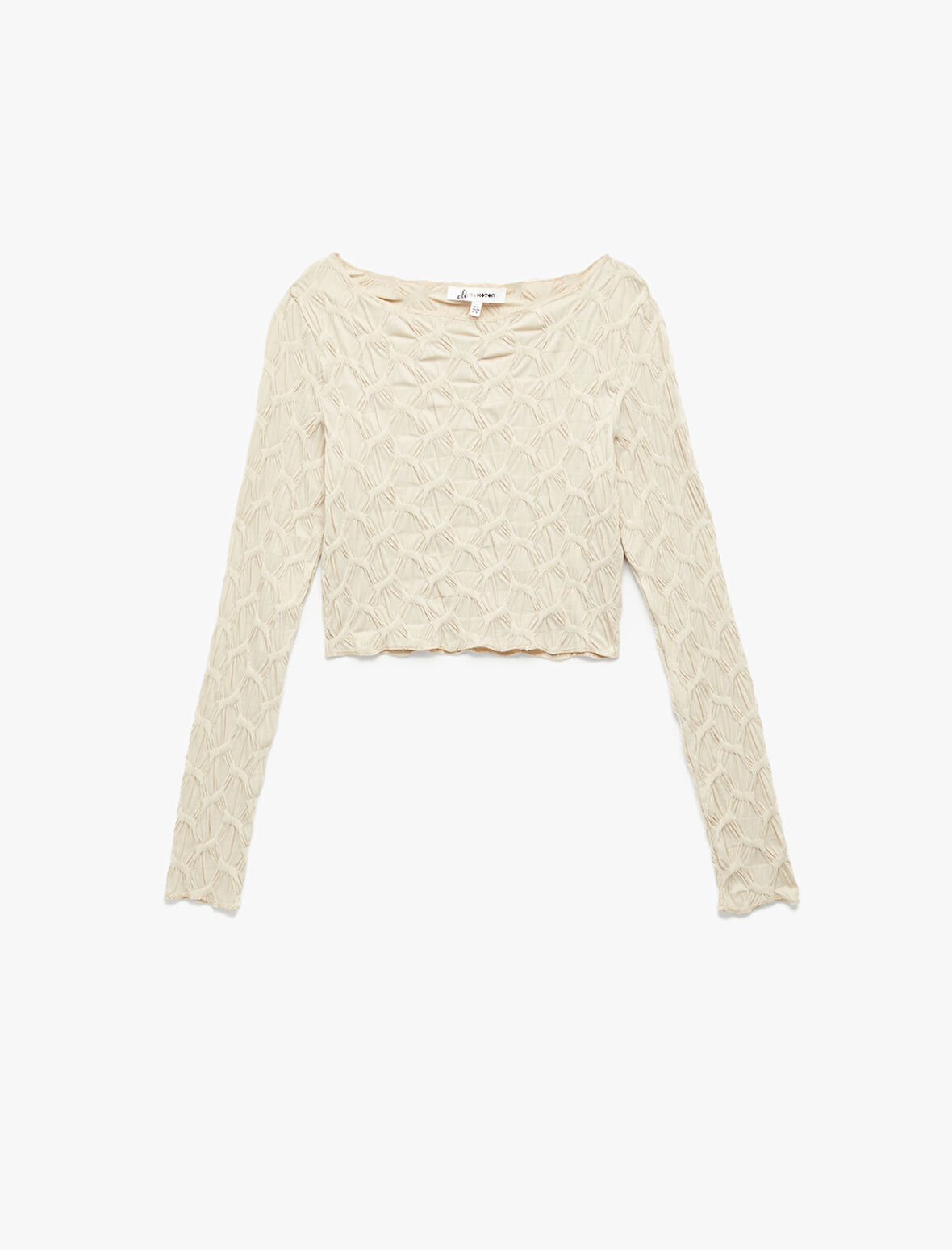 Uzun Kollu Dokulu Kayık Yaka Slim Fit Crop Tişört