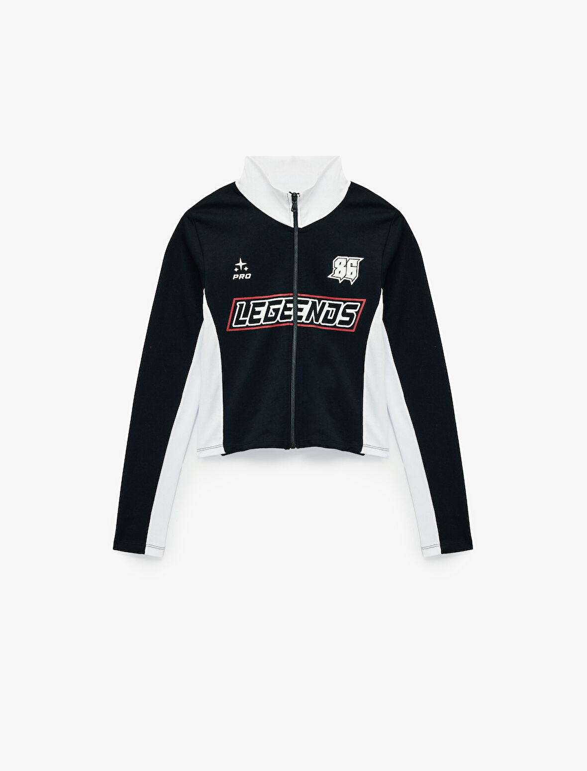 Dik Yaka Baskılı Renk Bloklu Slim Fit Fermuarlı Uzun Kollu Tişört