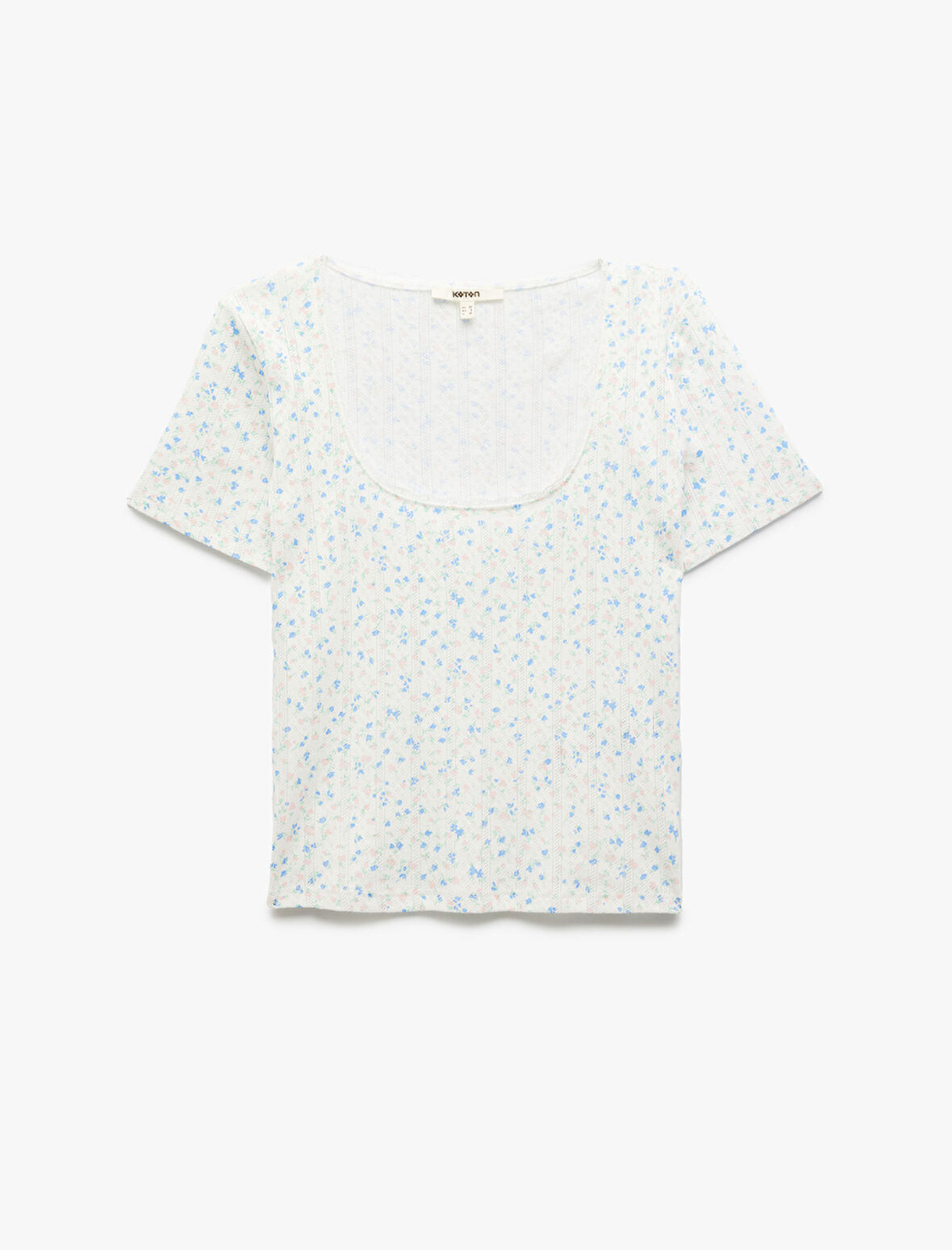 Pamuklu Slim Fit Ribanalı U Yaka Kısa Kollu Çiçekli Tişört