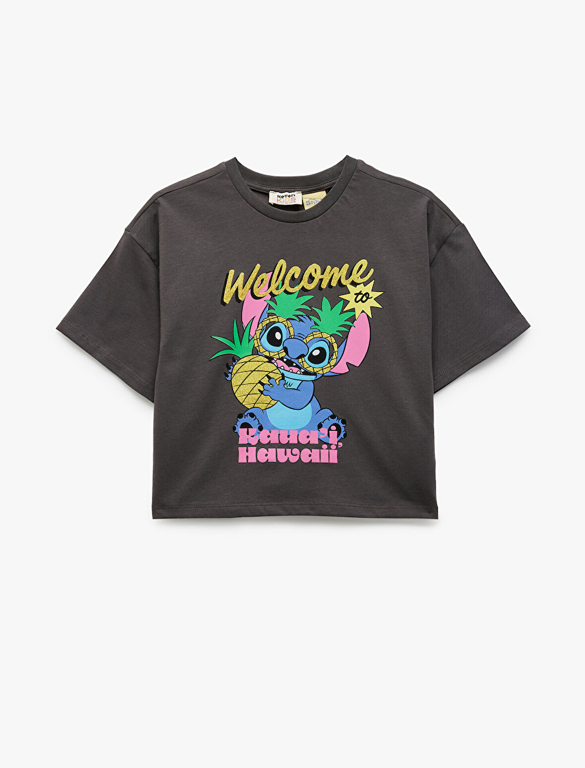 Pamuklu Bisiklet Yaka Kısa Kollu Lisanslı Simli Stitch Baskılı Tişört