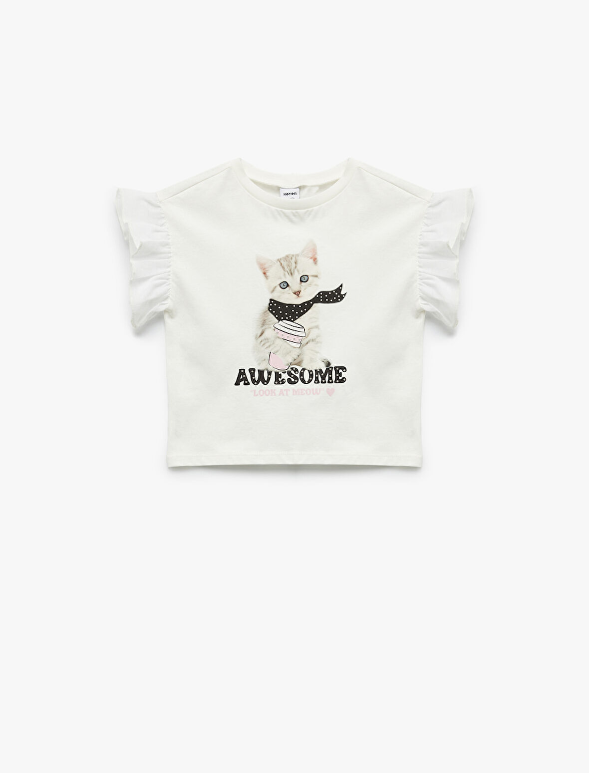 Kedi Baskılı Fırfırlı Kısa Kollu Bisiklet Yaka Pamuklu Tişört