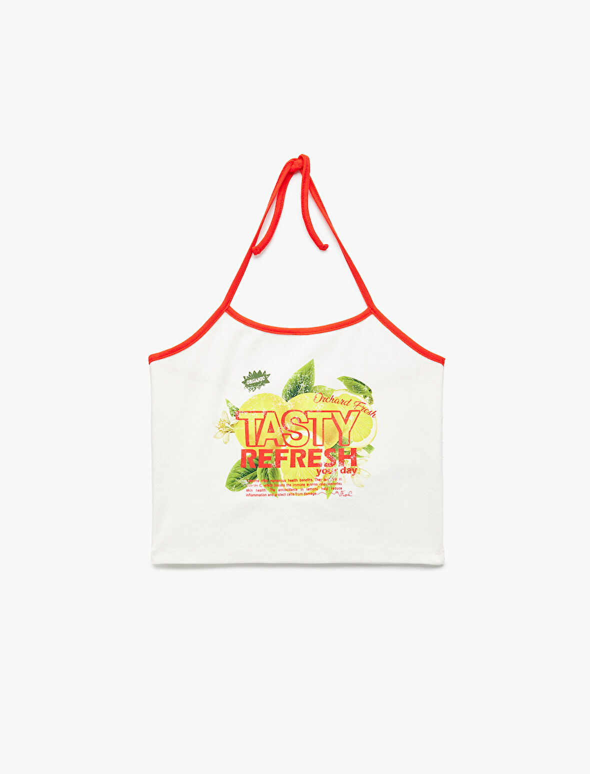 Pamuklu Kolsuz Baskılı Bağcıklı Crop Dar Kesim Halter Yaka Bluz