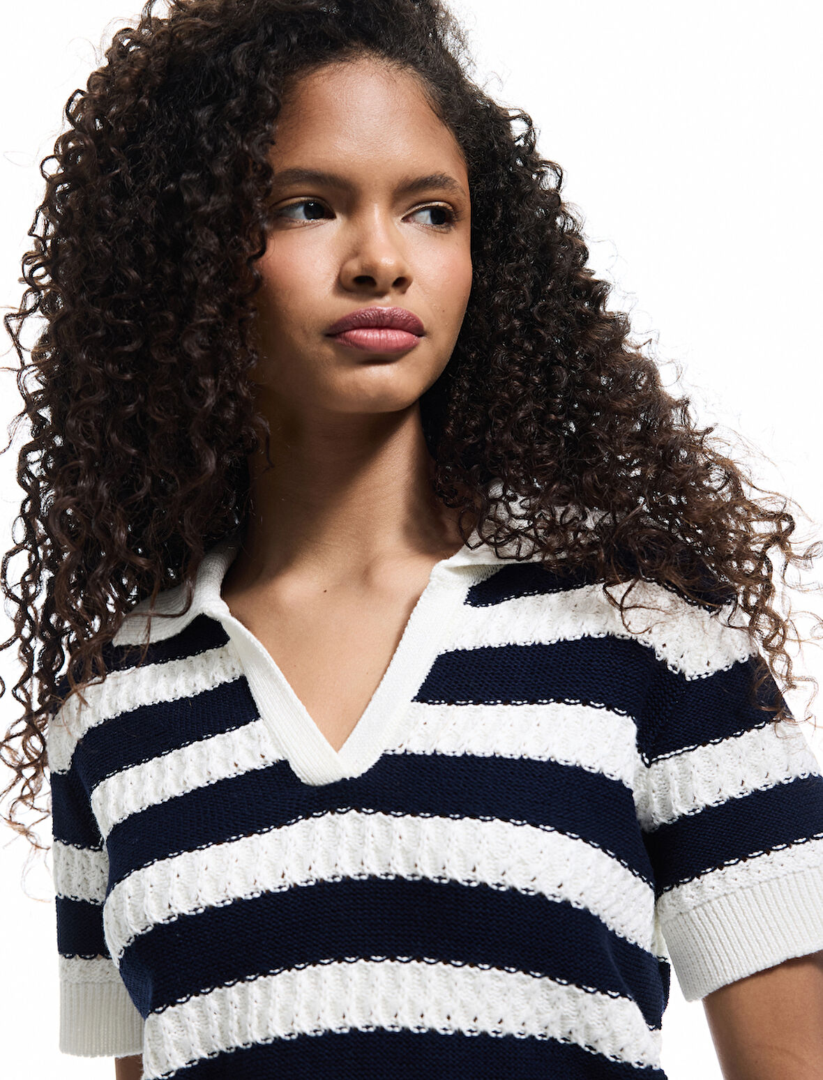 Çizgili Polo Yaka Kısa Kollu Triko Kazak