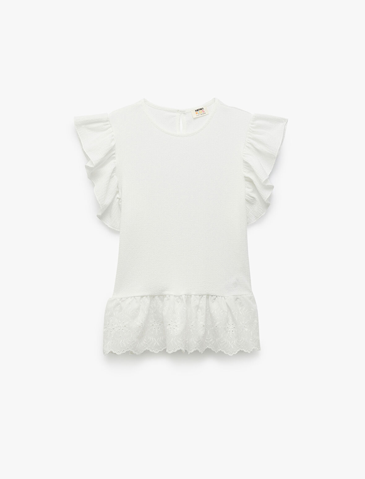 Brodeli Fırfır Detaylı Kelebek Kol Bisiklet Yaka Bluz