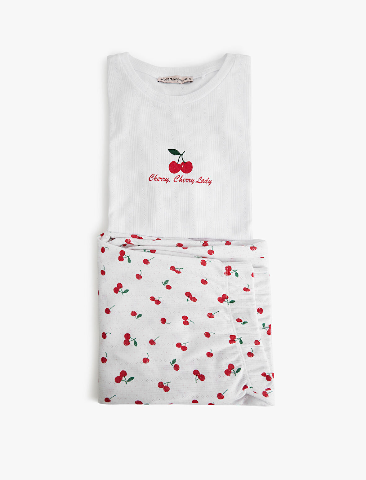 Kısa Kollu Bisiklet Yaka Kiraz Desenli Pijama Takımı