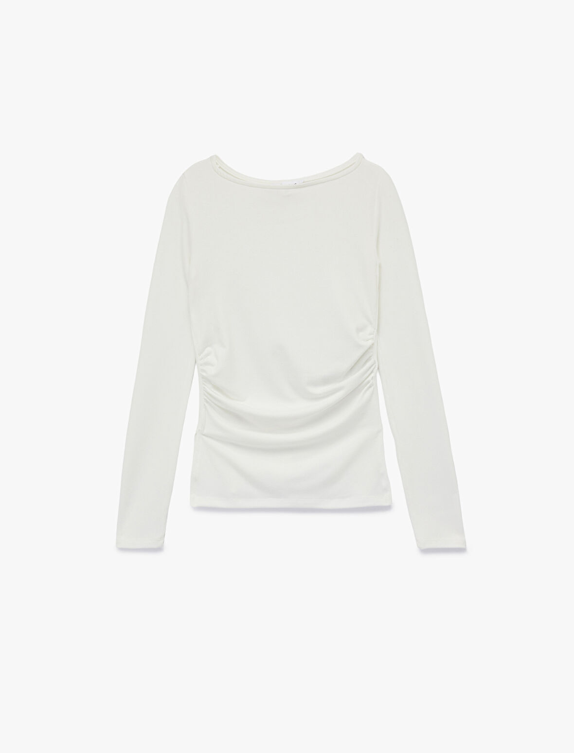 Kayık Yaka Drapeli Slim Fit Viskon Karışımlı Yırtmaçlı Uzun Kollu Tişört