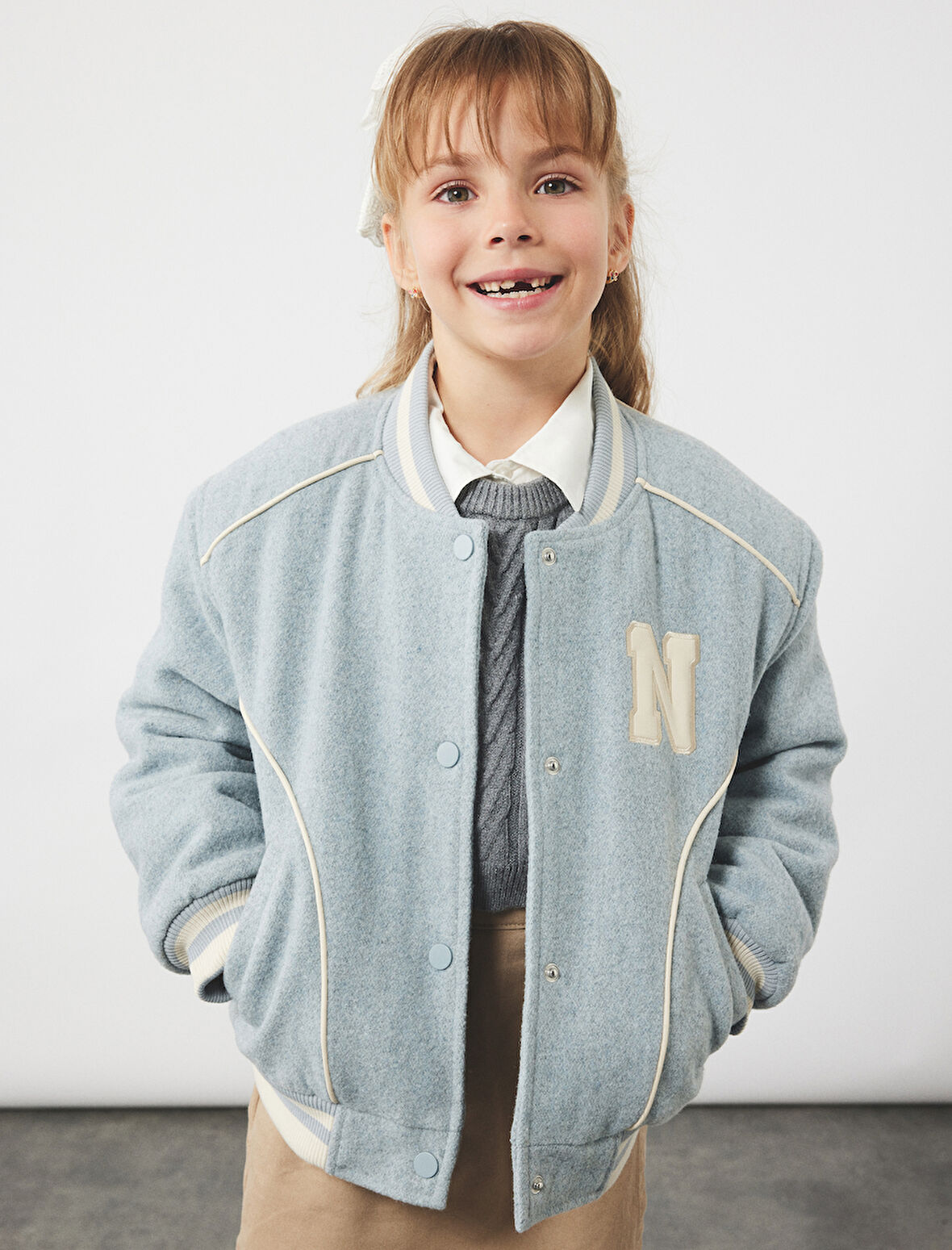 Uzun Kollu Bisiklet Yaka Cepli Düğmeli Kaşe Kolej Ceket