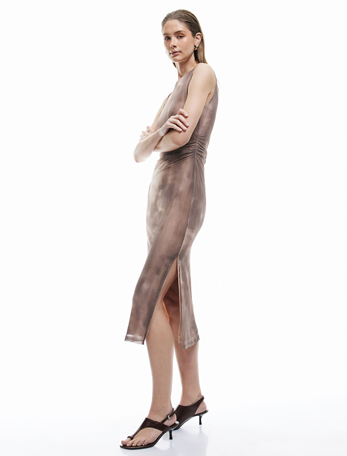 Koton X Sima Tarkan - Batik Desenli Drapeli Slim Kolsuz Midi Bodycon Elbise