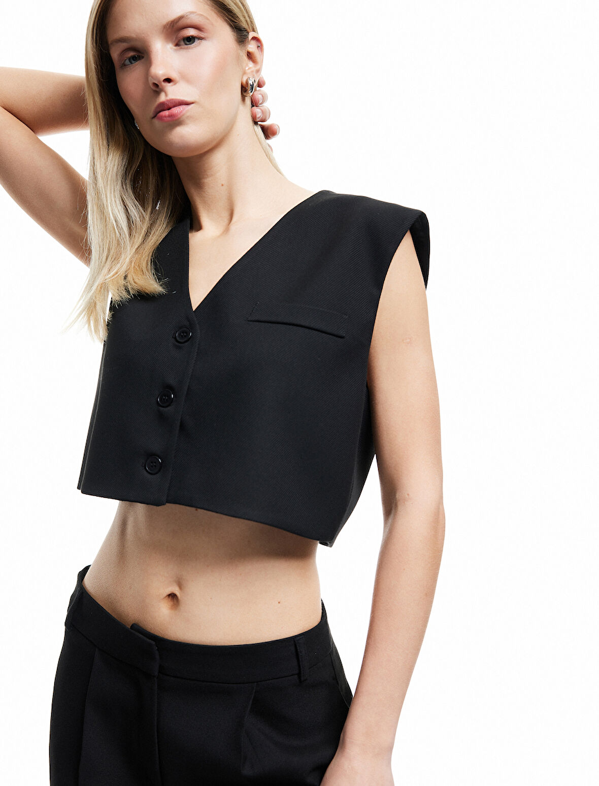 Düğmeli V Yaka Kolsuz Crop Blazer Yelek