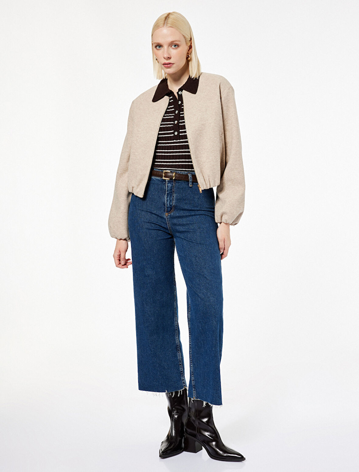 Fermuarlı Bisiklet Yaka Uzun Kollu Crop Kaşe Kolej Bomber Ceket