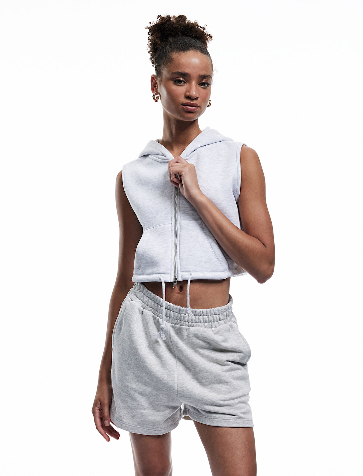 Kapüşonlu Kolsuz Kanguru Cepli Şardonlu Fermuarlı Sweatshirt