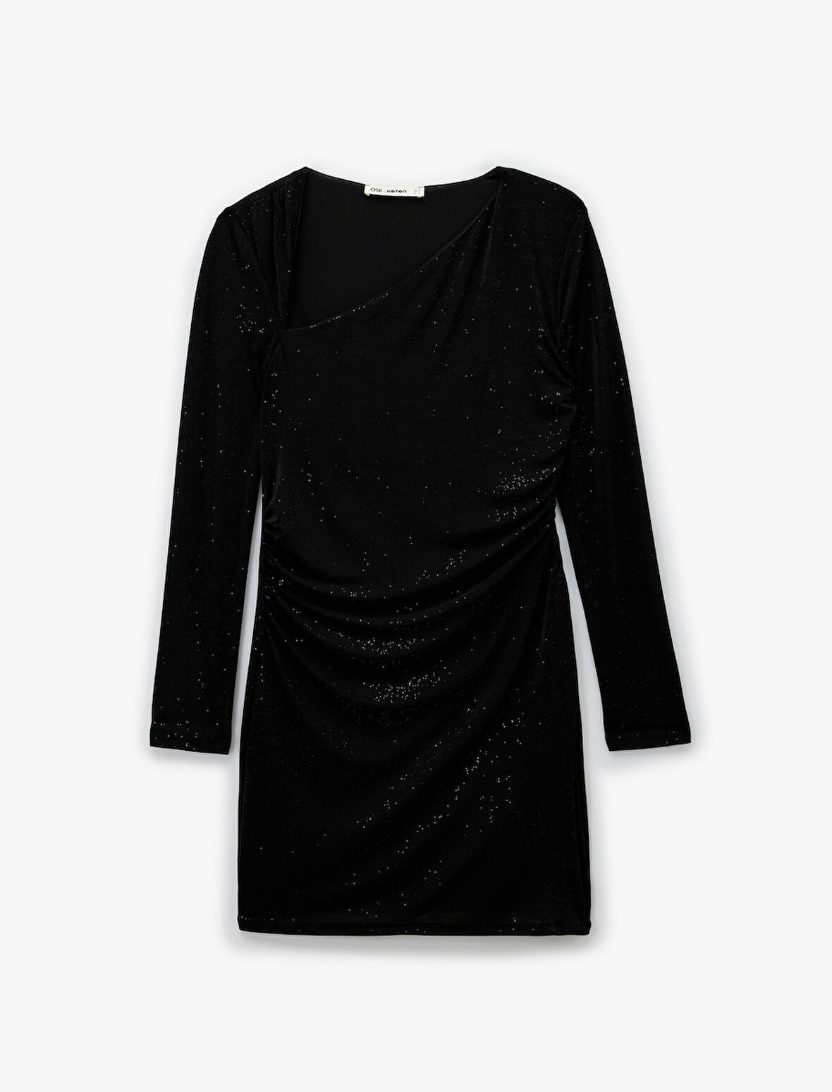 Asimetrik Yaka Uzun Kollu Simli Drapeli Mini Elbise