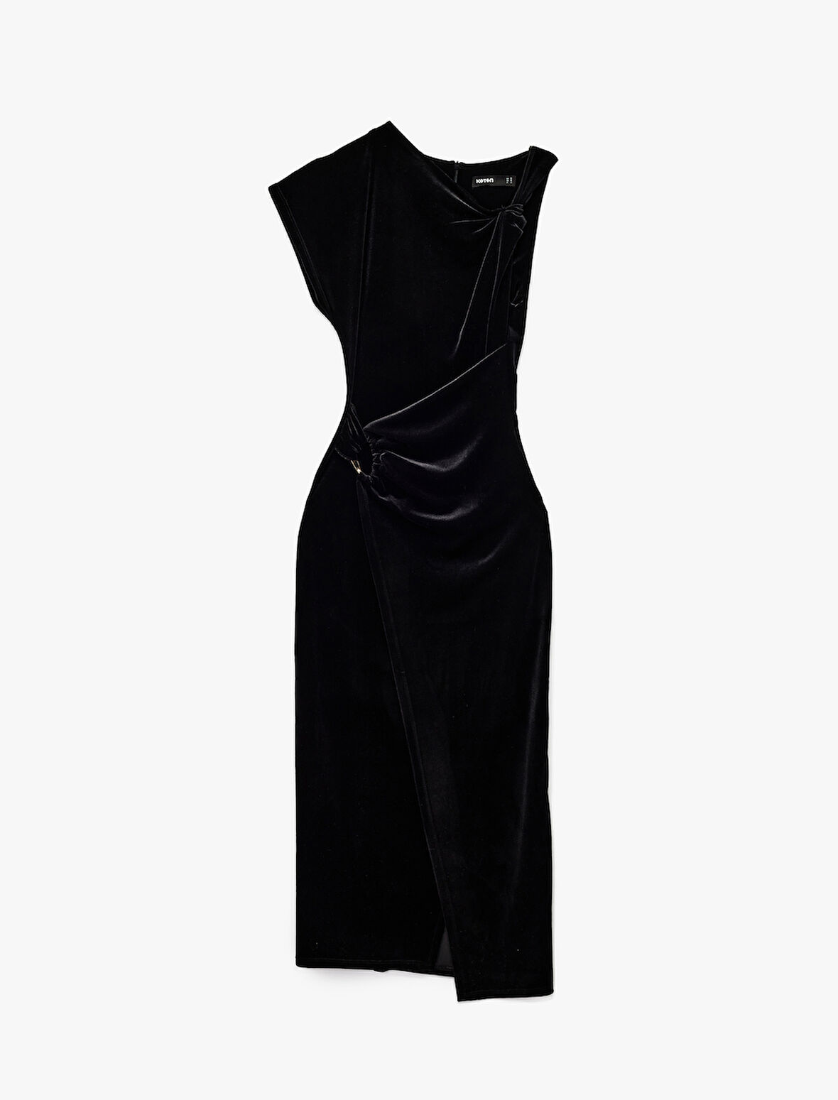  Slim Fit Asimetrik Yaka Düğüm Detaylı Kruvaze Kadife Elbise