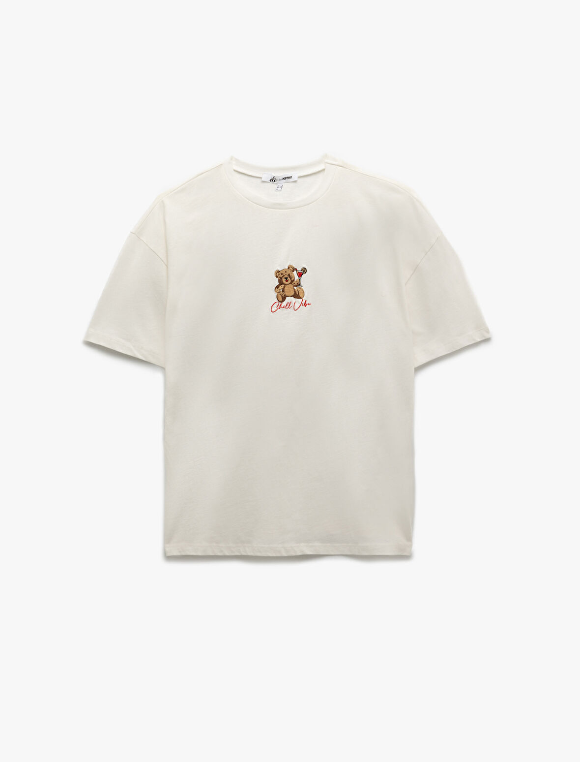 Ayıcık Nakış Detaylı Pamuklu Bisiklet Yaka Kısa Kollu Oversize Tişört