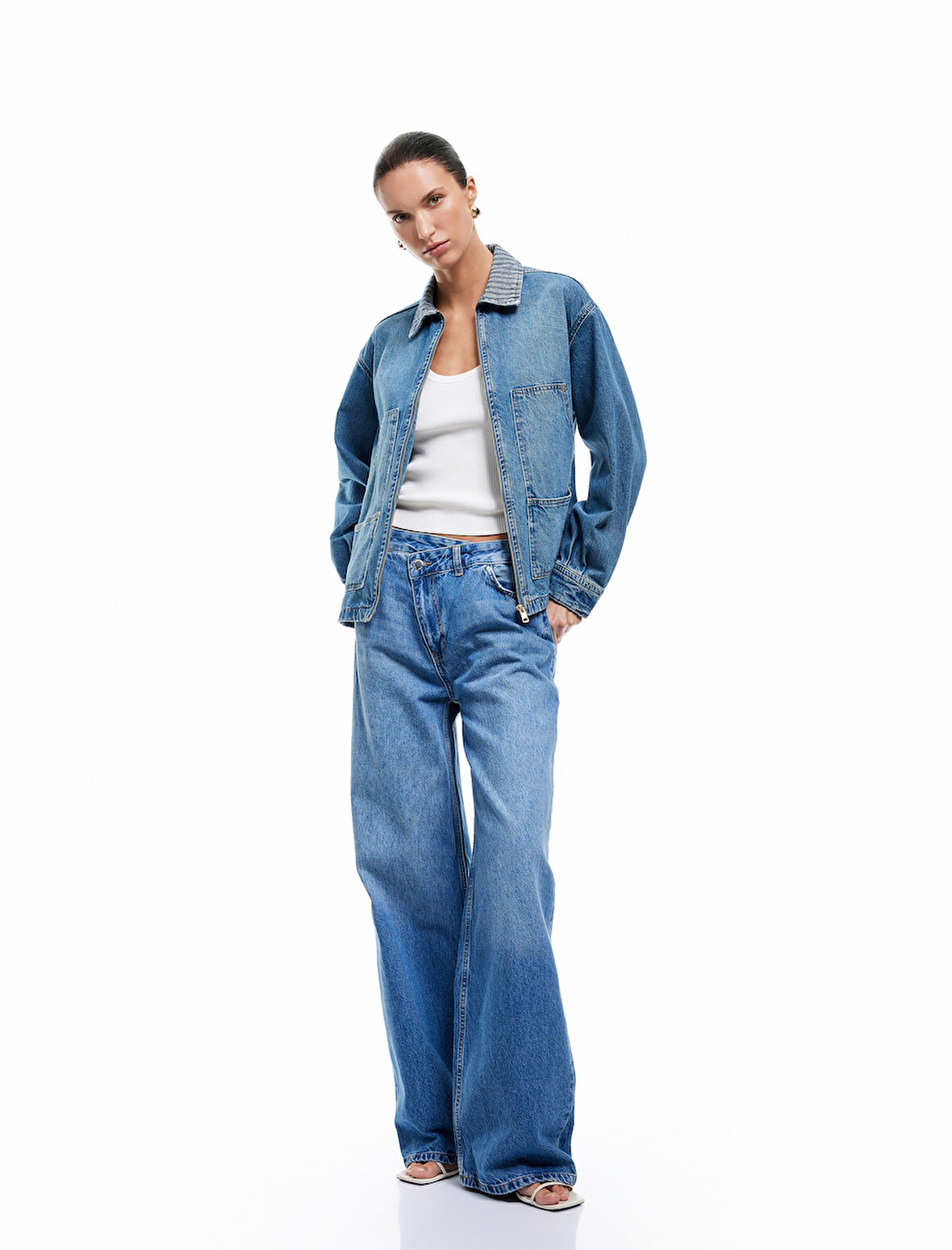 Bol Paça Cepli Düğmeli Jean Pantolon - Loose Straight Fit Jean