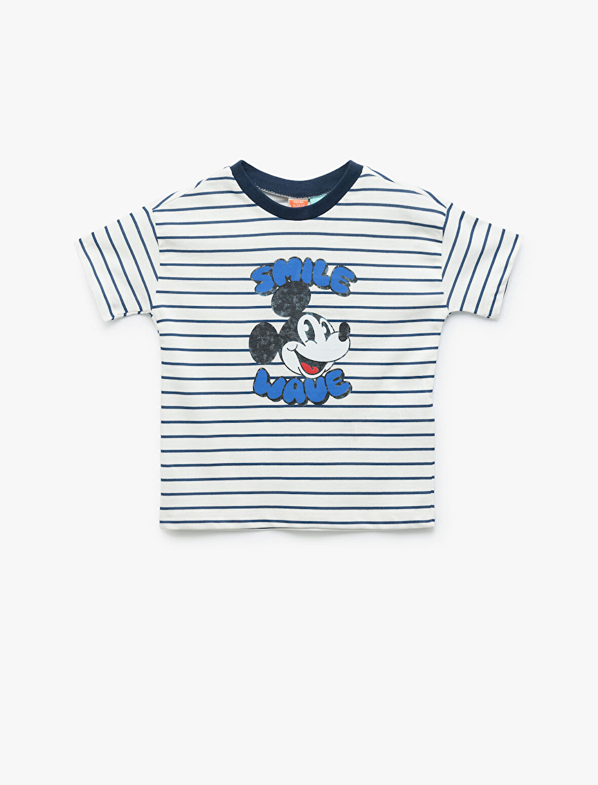 Kısa Kollu Bisiklet Yaka Pamuklu Çizgili Lisanslı Mickey Mouse Tişört