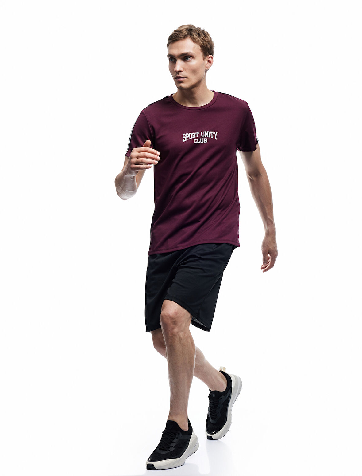 Kısa Kollu Bisiklet Yaka Şerit Detaylı Arkası Baskılı Oversize Spor Tişört