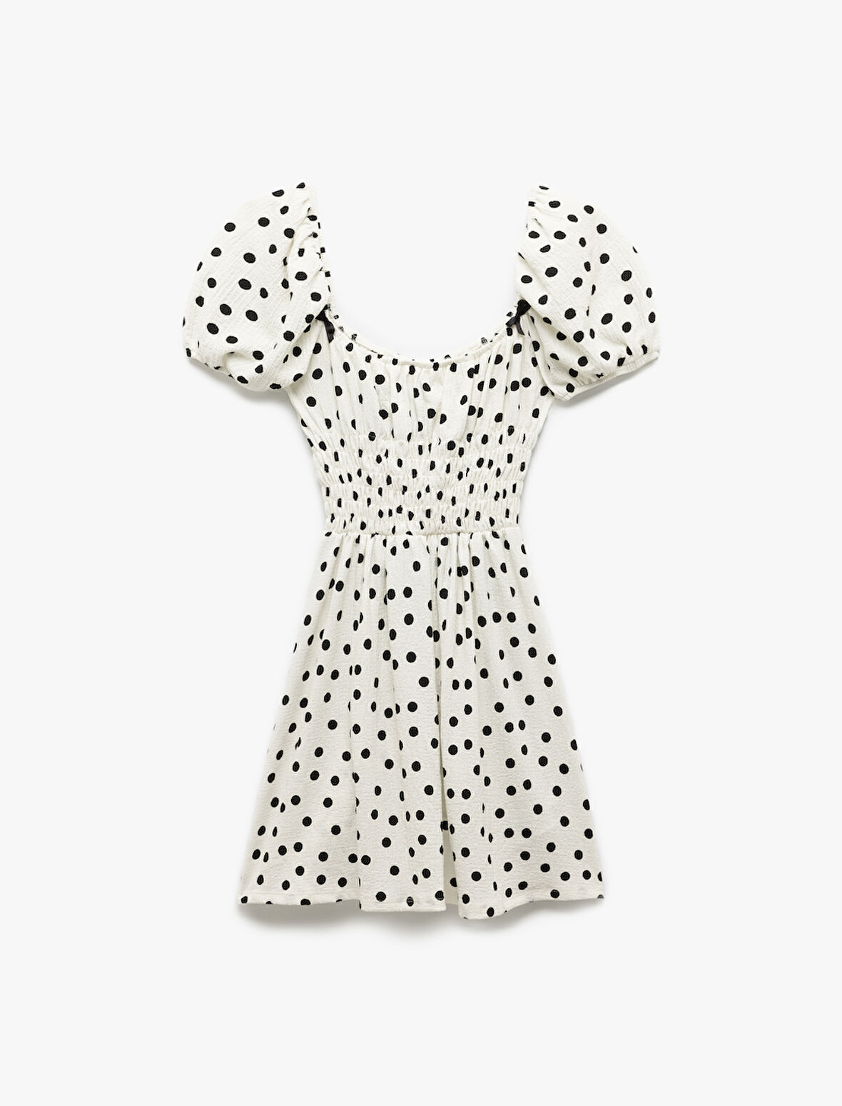 Bürümcük Kumaş Gipeli Kısa Balon Kollu Puantiye Desenli Mini Elbise