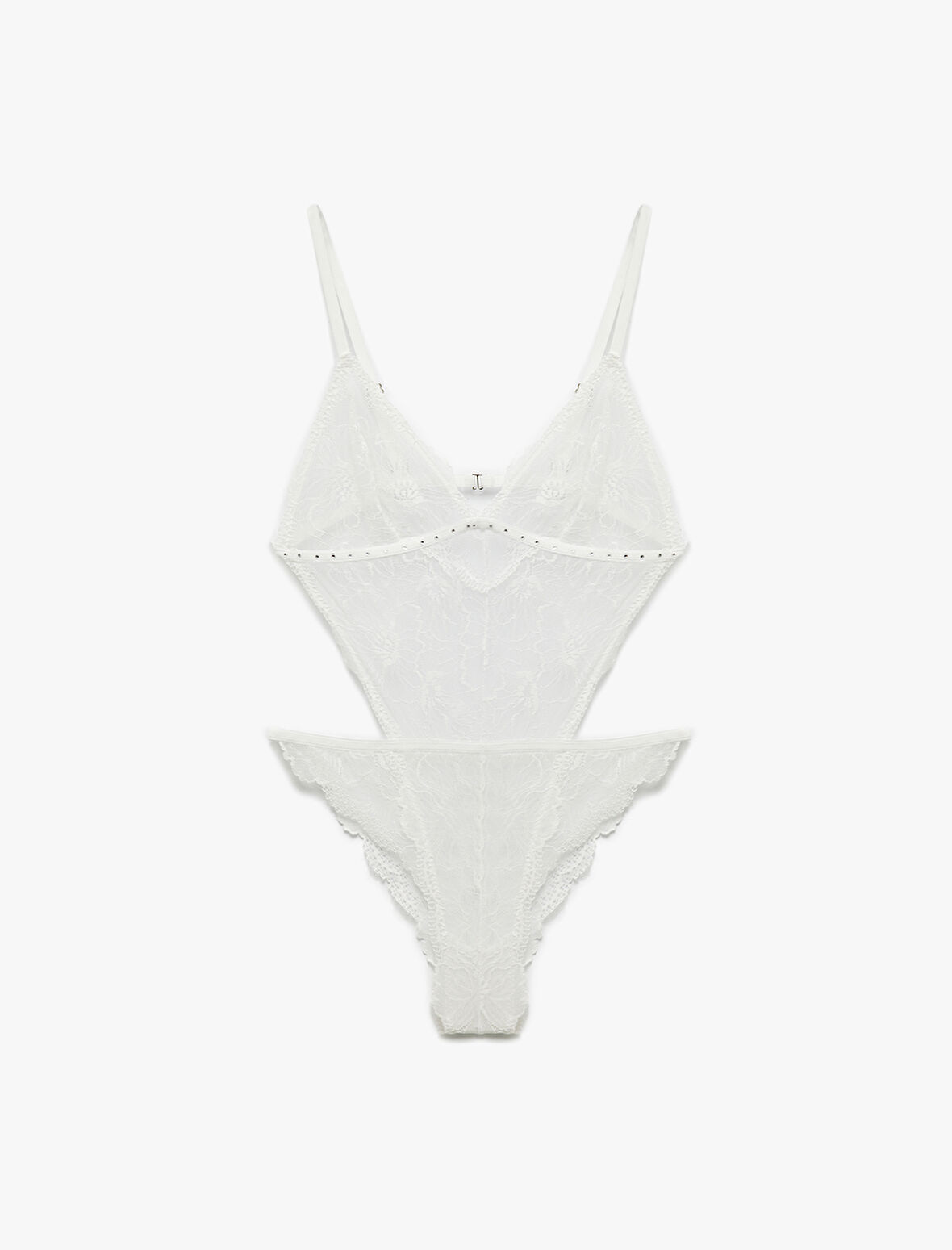 Pencere Detaylı Taşlı V Yaka Dantel Bodysuit