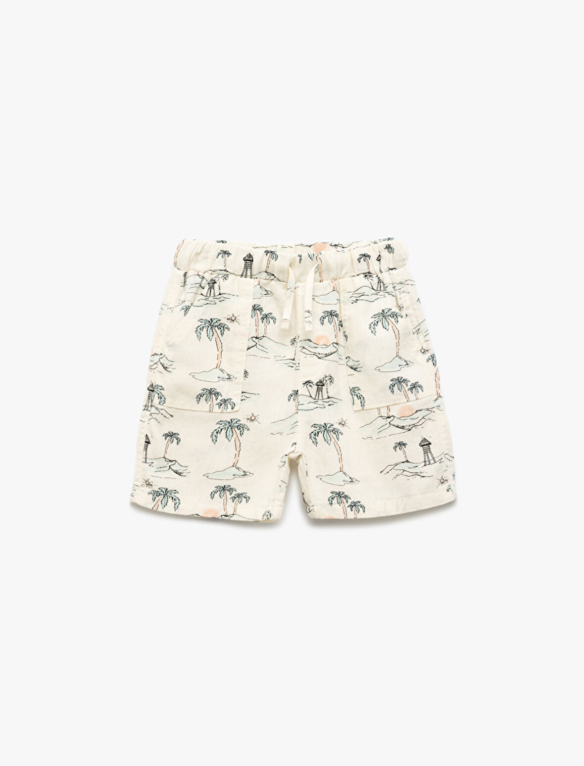 Beli Bağcıklı Viskon ve Keten Karışımlı Palmiye Desenli Şort
