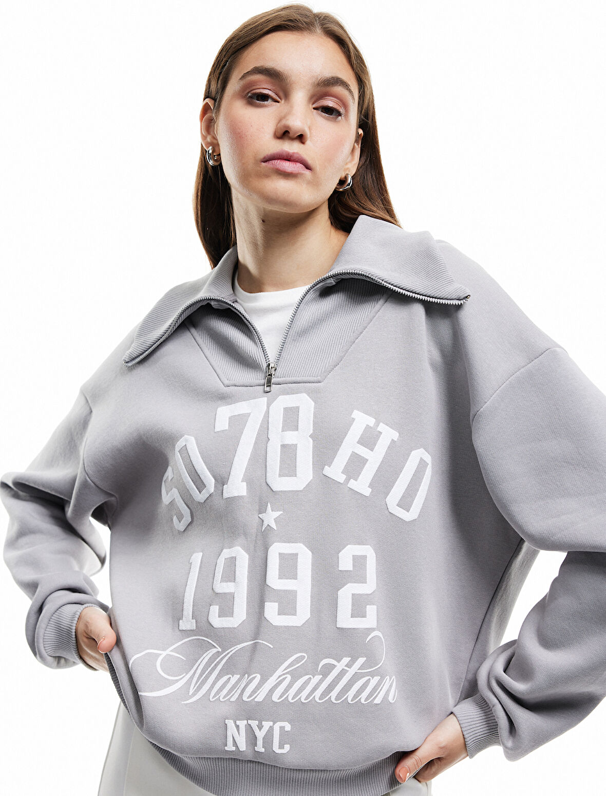 Baskılı Uzun Kollu Şardonlu Yarım Fermuarlı Sweatshirt