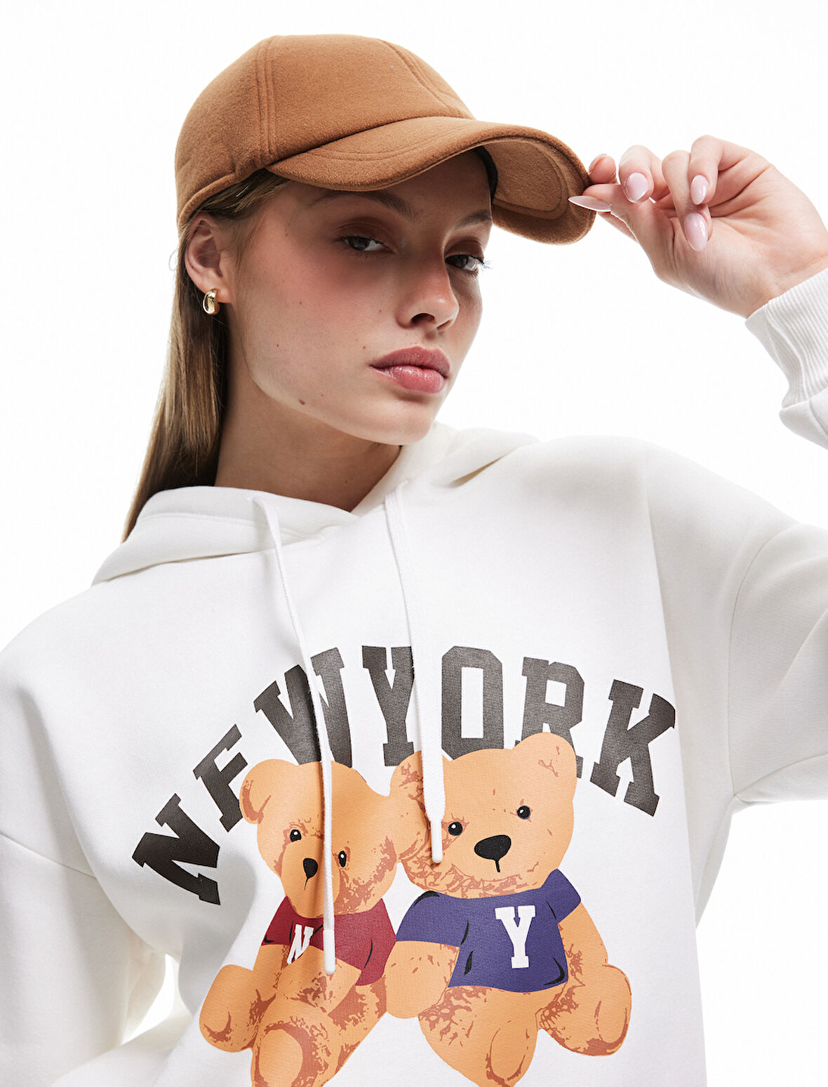 Ayı Baskılı Şardonlu Kapüşonlu Oversize Sweatshirt