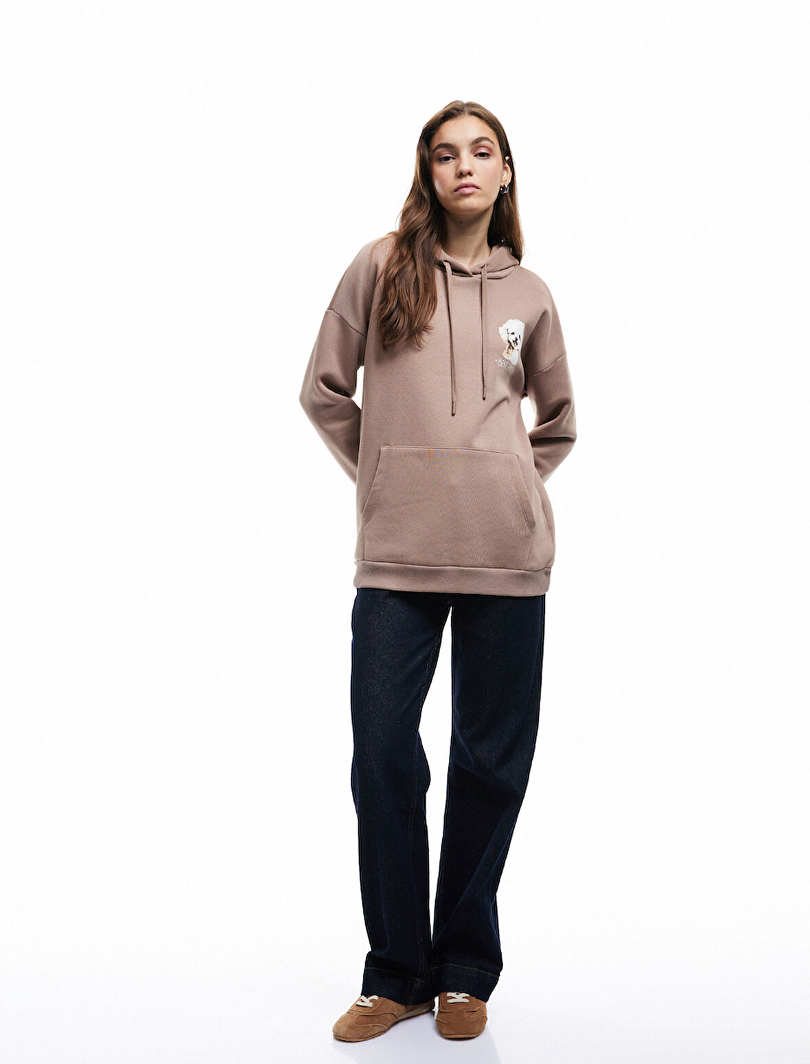 Şardonlu Uzun Kollu Kanguru Cepli Kapüşonlu Arkası Baskılı Oversize Sweatshirt