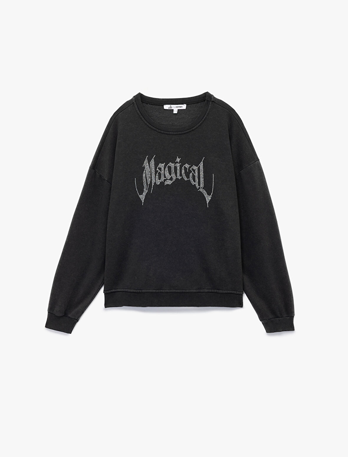 Şardonlu Uzun Kollu Bisiklet Yaka Taşlı Baskılı Oversize Sweatshirt