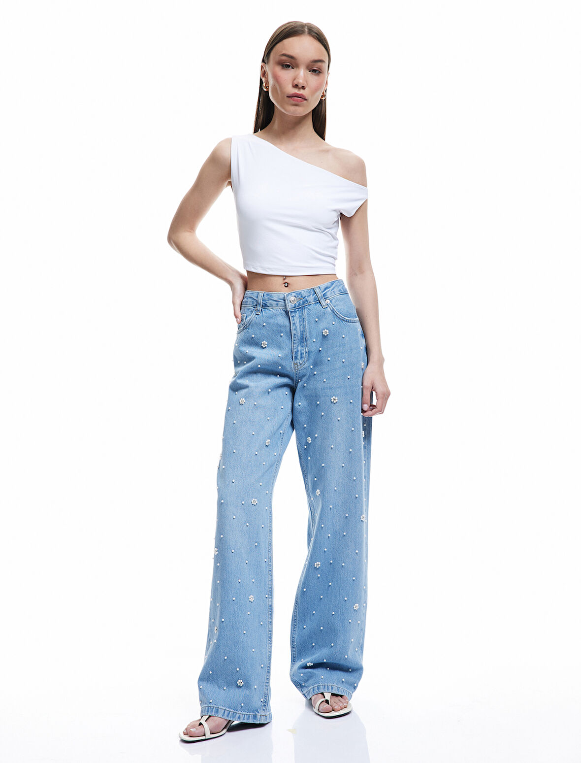 Normal Bel Düğmeli Taş Detaylı Jean Pantolon - Straight Fit Jean